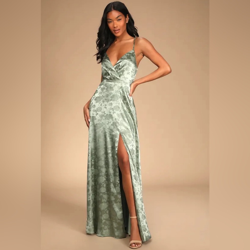 Lulus dress Forever Exquisite Sage Green Satin Surplice Maxi Dress